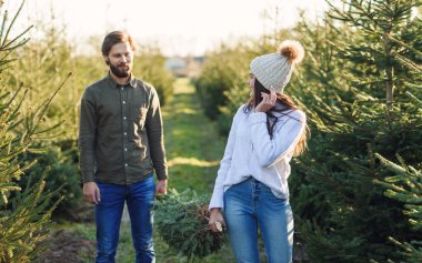 Genç adam ve güzel karısı yeni kesilmiş bir Noel ağacını çiftlikte taşıyorlar. Tatil için hazırlanıyorlar..