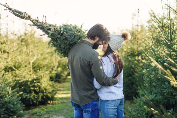 Visão traseira do jovem casal encantador com árvore de natal no centro do jardim antes das férias. Feliz inverno feriados conceito. — Fotografia de Stock