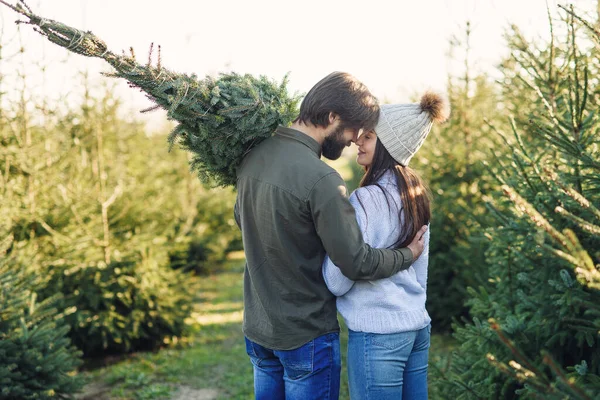 Bakåt bild av ett vackert ungt par som bär en vacker julgran till sin bil bland granplantagerna. — Stockfoto