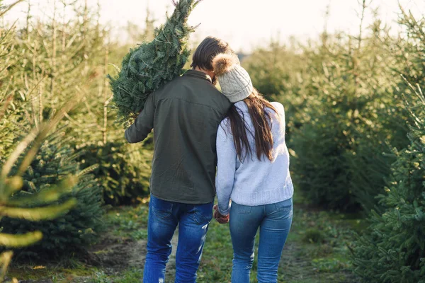 若い幸せなカップルは休暇を準備するプランテーションで新鮮なクリスマスツリーを買った。幸せな冬の休日のコンセプト. — ストック写真