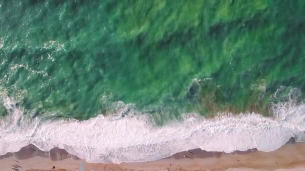 Potenti onde del mare tempestose in vista dall'alto dal drone. Spiaggia sabbiosa e mare con onde bianche schiumose. — Video Stock