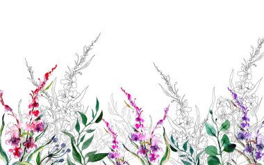 Çiçek ve yaprakların suluboya çizimi. Suluboya arkaplanı