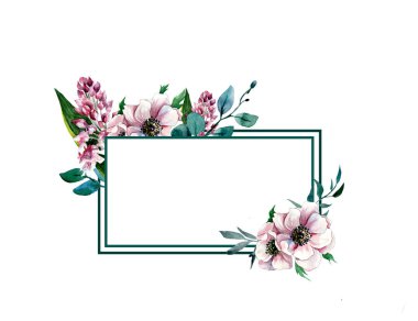 Pembe çiçeklerin suluboya çizimi. Tasarım için çerçeve