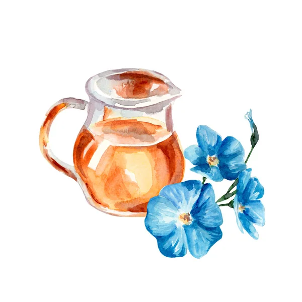 Watercolor Drawing Linseed Oil White Background Blue Flax Flowers Vessel — Stock Photo, Image