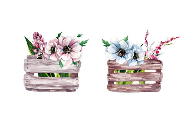 Dibujo Acuarela Cajas Madera Con Flores Primavera Sobre Fondo Blanco — Foto de Stock