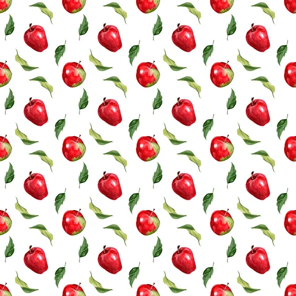 Aquarellmuster Mit Roten Äpfeln Und Blättern Auf Weißem Hintergrund Muster — Stockfoto