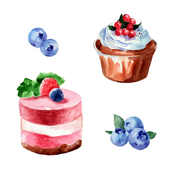 Set Watercolor Illustrations Sweets Cupcakes Cakes Berries Cream — Stock Photo, Image