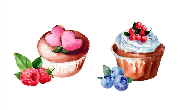 Ensemble Illustrations Aquarelles Bonbons Cupcakes Gâteaux Aux Baies Crème — Photo