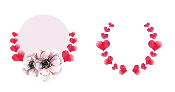 バレンタインデーのための装飾用のフレームのセット ハートと花のラウンドフレーム テキストのためのフリースペース — ストック写真