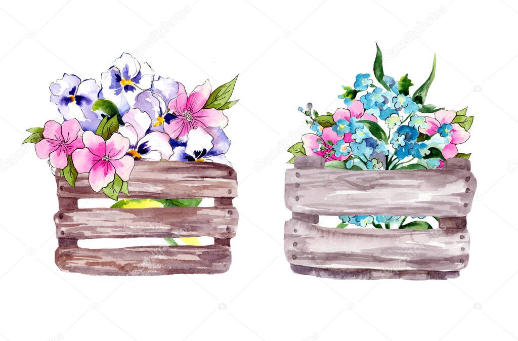 Set of watercolor illustrations boxes with flowers. Blue and pink flowers on a white background. Spring.