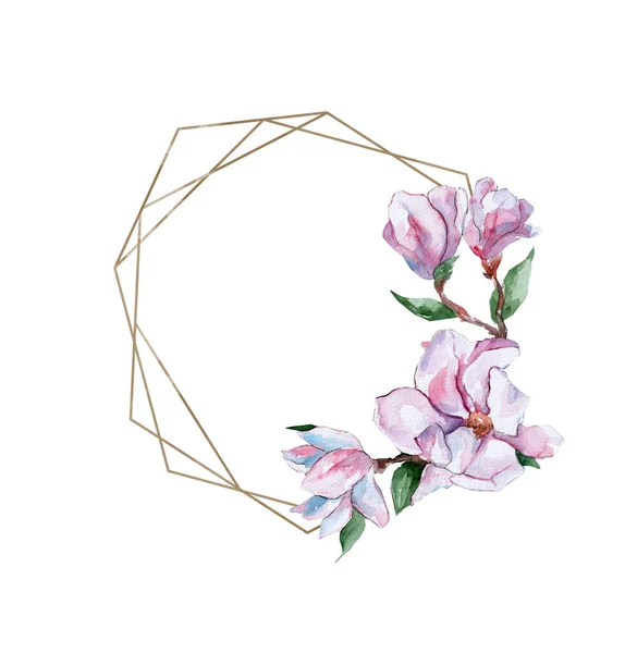 ピンクのマグノリアと葉の水彩イラスト 春の花 装飾のためのフレーム テキストのためのフリースペース — ストック写真
