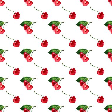 Beyaz arka planda kirazlı suluboya çizimler. Tekstil ve kağıt için kusursuz desen.