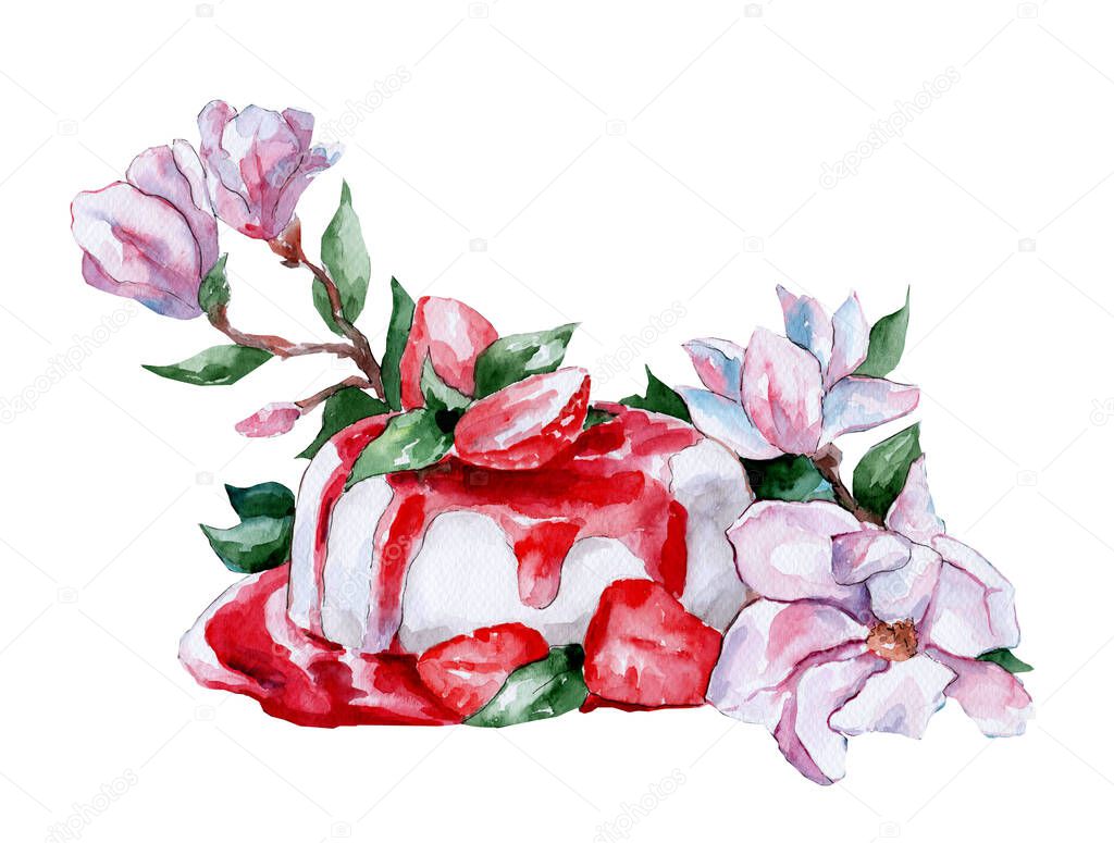 Watercolor illustration of panacotte with strawberry syrup and pink magnolias and leaves. Healthy sweets and desserts. Fresh fruits and flowers. Spring flowers