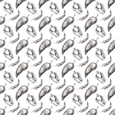 Beyaz arka planda karabiber çizimi. Tekstil için kusursuz desen. Siyah kalem. El işi. Paprika ve biber.