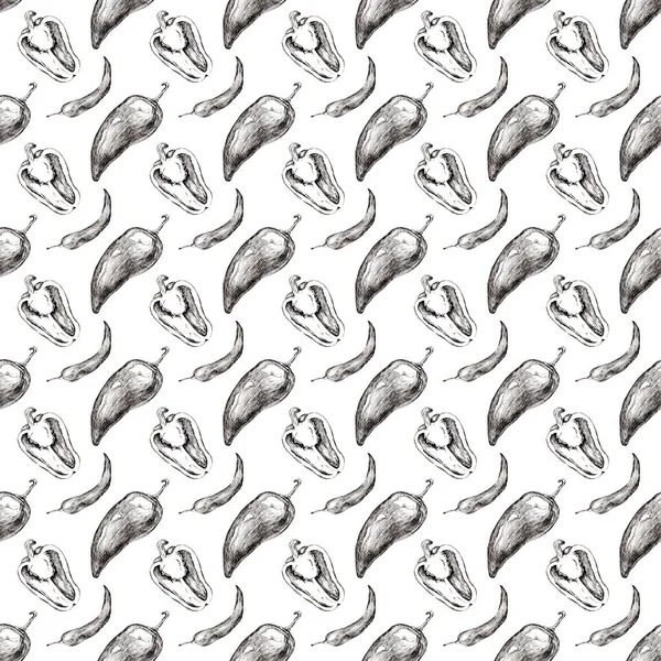 Graphic drawing of pepper on a white background. Seamless pattern for textiles. Black pen. Handwork. Paprika and chili