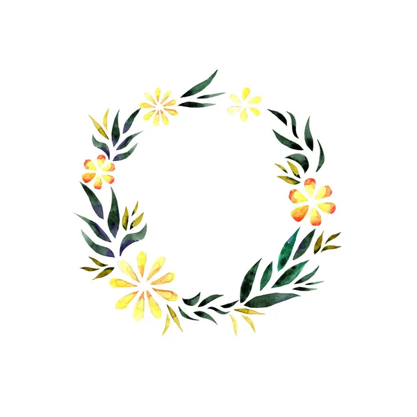 Ilustración Acuarela Flores Amarillas Hojas Verdes Marco Redondo Para Decoración — Foto de Stock