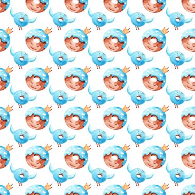 Kanatlı komik donutların suluboya çizimi. Tekstil için kusursuz desen. Çocuk odasının içi. Çizgi film karakteri