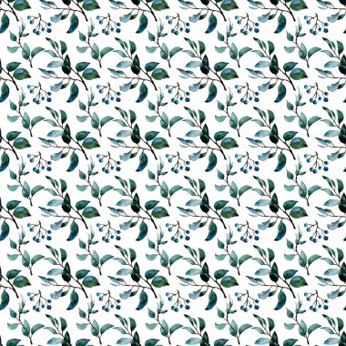 Beyaz arka planda dalların ve dutların suluboya çizimi. Tekstil için pürüzsüz desen