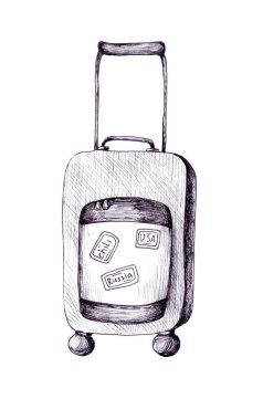 Seyahat için bavullar ve bavullar. Grafiklerde illüstrasyon. Hava yolculuğu.