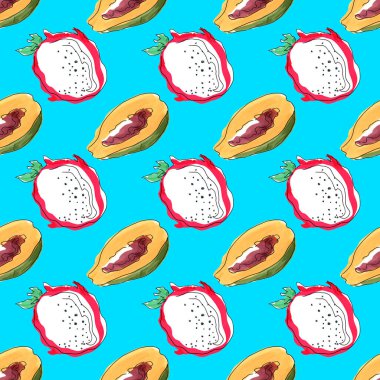 İşaretli kusursuz desen. Lezzetli kesilmiş ve tohumlu ejderha meyvesi ve papaya.