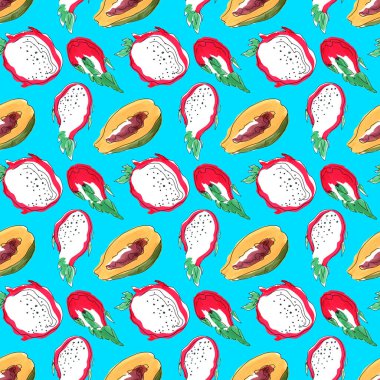 İşaretli kusursuz desen. Lezzetli kesilmiş ve tohumlu ejderha meyvesi ve papaya.