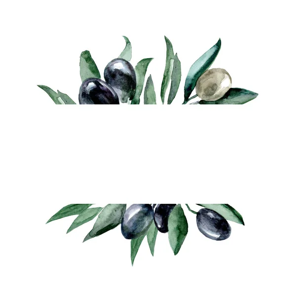 Cornice Decorazione Con Olive Illustrazione Acquerello Spazio Libero Testo — Foto Stock