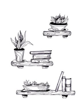 Kapalı alandaki çiçeklerin ve kitapların ahşap raflarda tasviri. - Odanın içi. Grafikler. Çizgi çizimi