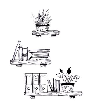 Kapalı alandaki çiçeklerin ve kitapların ahşap raflarda tasviri. - Odanın içi. Grafikler. Çizgi çizimi