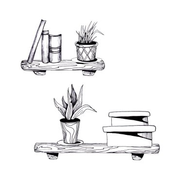 Kapalı alandaki çiçeklerin ve kitapların ahşap raflarda tasviri. - Odanın içi. Grafikler. Çizgi çizimi