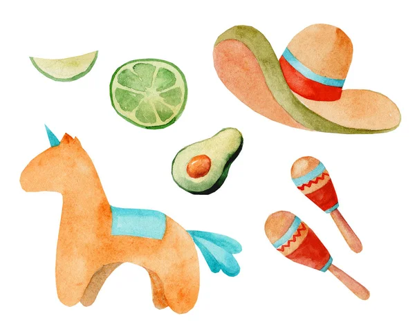 Uppsättning Akvarell Illustrationer Cinco Mayo Mexikanska Köket Fiesta Traditionell Semester — Stockfoto
