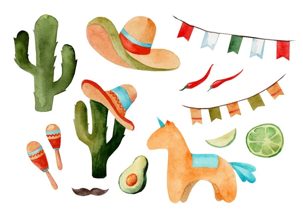 Set Watercolor Illustrations Cinco Mayo Mexican Cuisine Fiesta Traditional Holiday — Stock Photo, Image