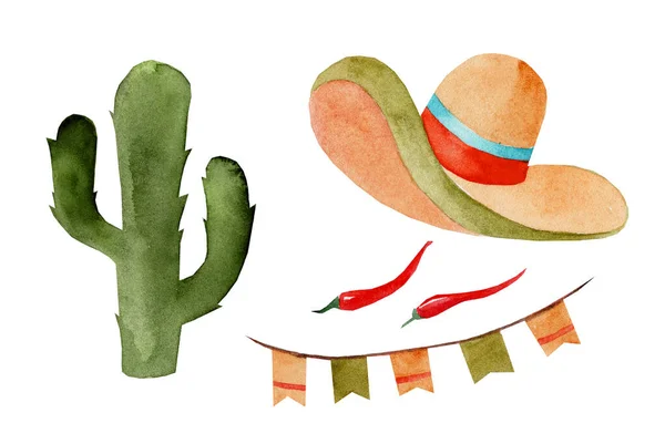 集水彩画 墨西哥美食 节日传统食品和节日标志为一体的旅游插图元素 Sombrero Cactus Chili — 图库照片