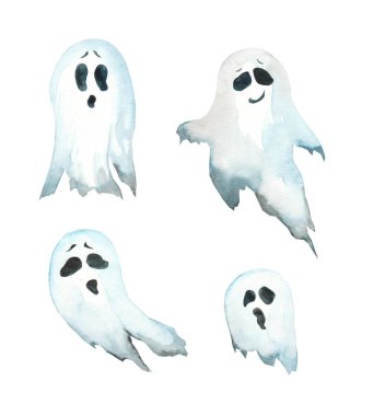 Beyaz arka planda Cadılar Bayramı için suluboya semboller. İzole edilmiş hayaletler tasviri