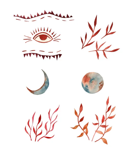 Ethnic Set Moon Phases Flowers Branches Eye Other Magical Elements — 스톡 사진