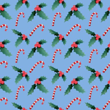 Noel suluboya deseni. Holly ve şeker kamışları. Şablon şablonu. Kış, Yeni Yıl, Noel. 