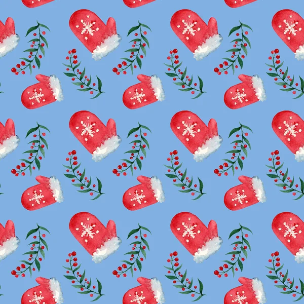 Modello Acquerello Natale Guanti Rami Invernali Con Bacche Rosse Modello — Foto Stock