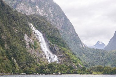 Yeni Zelanda 'daki Milford Sound dağından gelen yüksek şelale üzerine seçici bir odaklanma