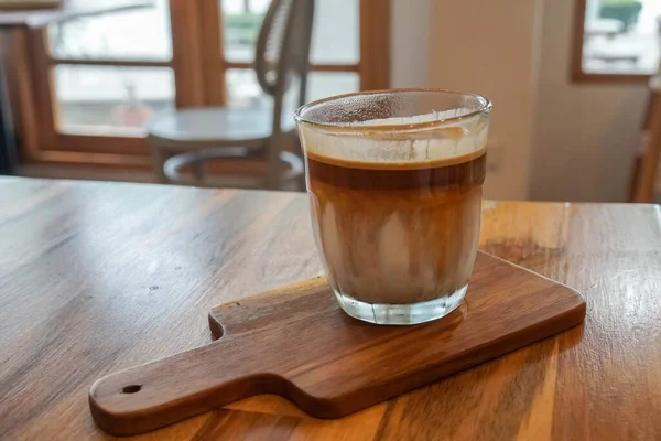 Iced Dirty Coffee Menu Served Glass Wooden Table Cafe — Stock Photo, Image