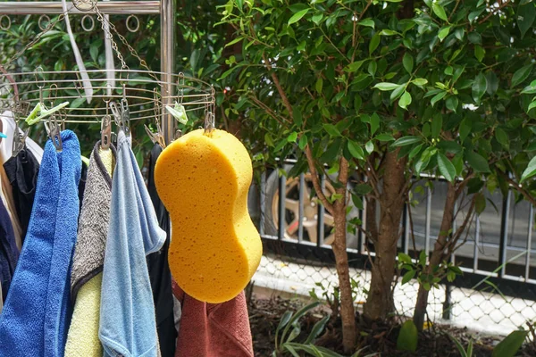 Roupa Interior Dos Homens Esponja Limpeza Pendurada Livre Para Secagem — Fotografia de Stock