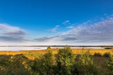 Kuzey Almanya 'nın en büyük iç gölü, sabahın erken saatlerinde Steinhuder. Bozkırdan suya geçiş.