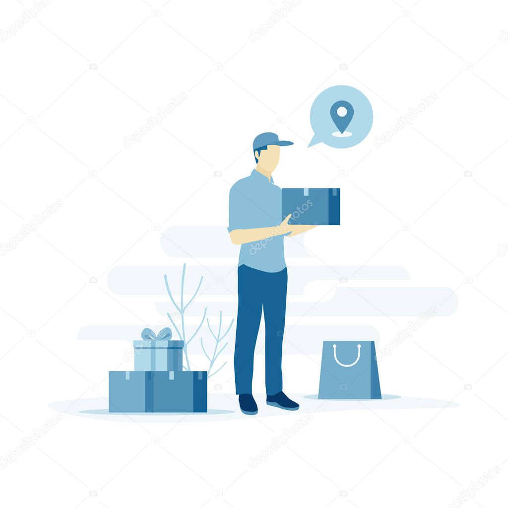 A courier man with boxes and bag for shipment in flat style design.