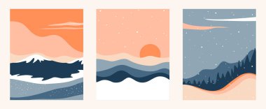 Değişik manzaralarda ılık kış arkaplanı, karlı doğa illüstrasyonu.