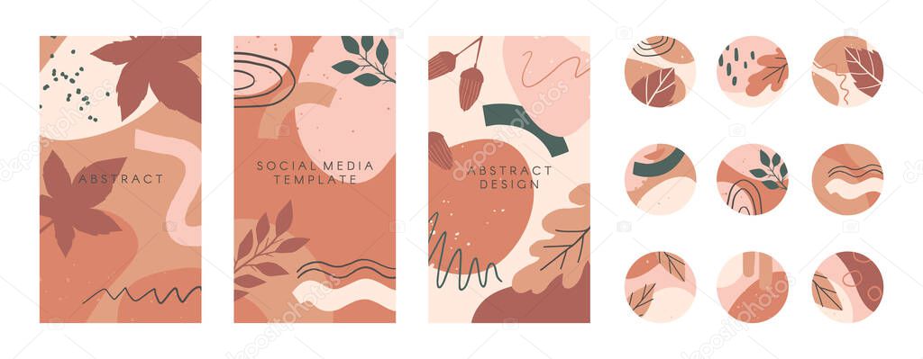 Bundle of editable insta story templates and highlights covers in autumn style.Vector layouts with hand drawn organic shapes and textures.Abstract backgrounds.Trendy design for social media marketing.