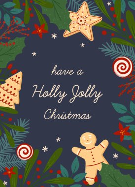 Noel ve Mutlu Yıllar tebrik kartı şablonu. Geleneksel kış bayramı sembolleriyle modern vektör düzeni. Pankartlar, davetiyeler, baskılar, sosyal medya için Xmas trend tasarımı.