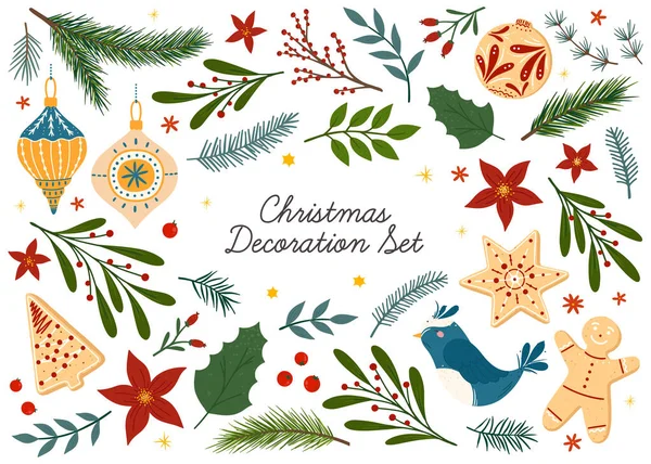 Noel ve Mutlu Yıllar Çiçek Tasarımı elementleri. Vektör el çizimi bitkiler, kurabiyeler ve şekerler, ağaç dalları, ökseotu ve bereler. Xmas dekorasyon seti. Kış geleneksel dekor demeti..