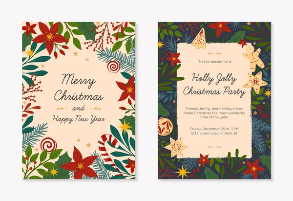 Set Christmas Happy New Year Greetings Party Invitations Templates Modern — Stock Vector