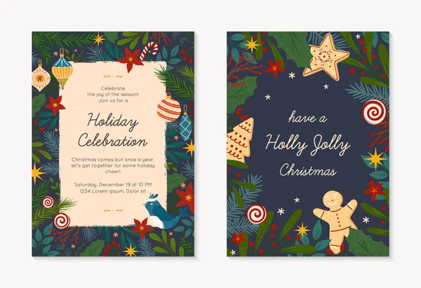 Set Christmas Happy New Year Greetings Party Invitations Templates Modern — Stock Vector