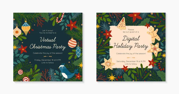 Conjunto Plantillas Invitación Fiesta Virtual Navidad Feliz Año Nuevo Durante — Archivo Imágenes Vectoriales