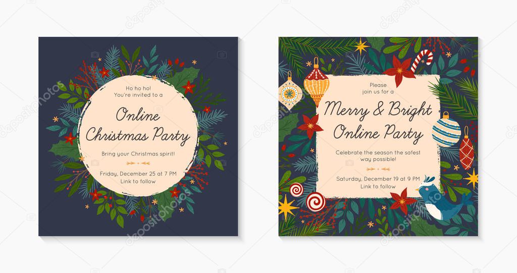 Set of Christmas and Happy New Year virtual party invitation templates during covid 19.Modern vector layouts with traditional winter holiday symbols.Xmas trendy designs for banners,prints,social media