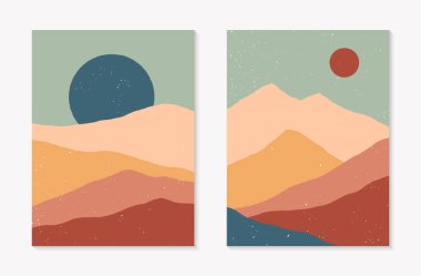 Yaratıcı soyut dağ manzaraları seti. Yüzyılın ortalarında dağlar veya çöl kum tepeleri, gökyüzü, güneş veya ay gibi modern vektör çizimleri. Moda tasarımları. Geleceğin duvar sanat dekoru..